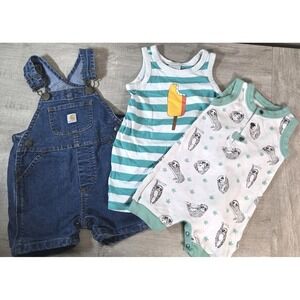 Carhartt Denim Shortalls 9M + Finn + Emma Sloth Romper 6-9M + Hanna Andersson...